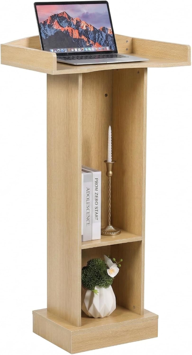 Wooden Podium Stand with Storage Shelves, Oak Color, 47.5" Height, Lectern for Presentations, Church, Classroom, Wedding Speech