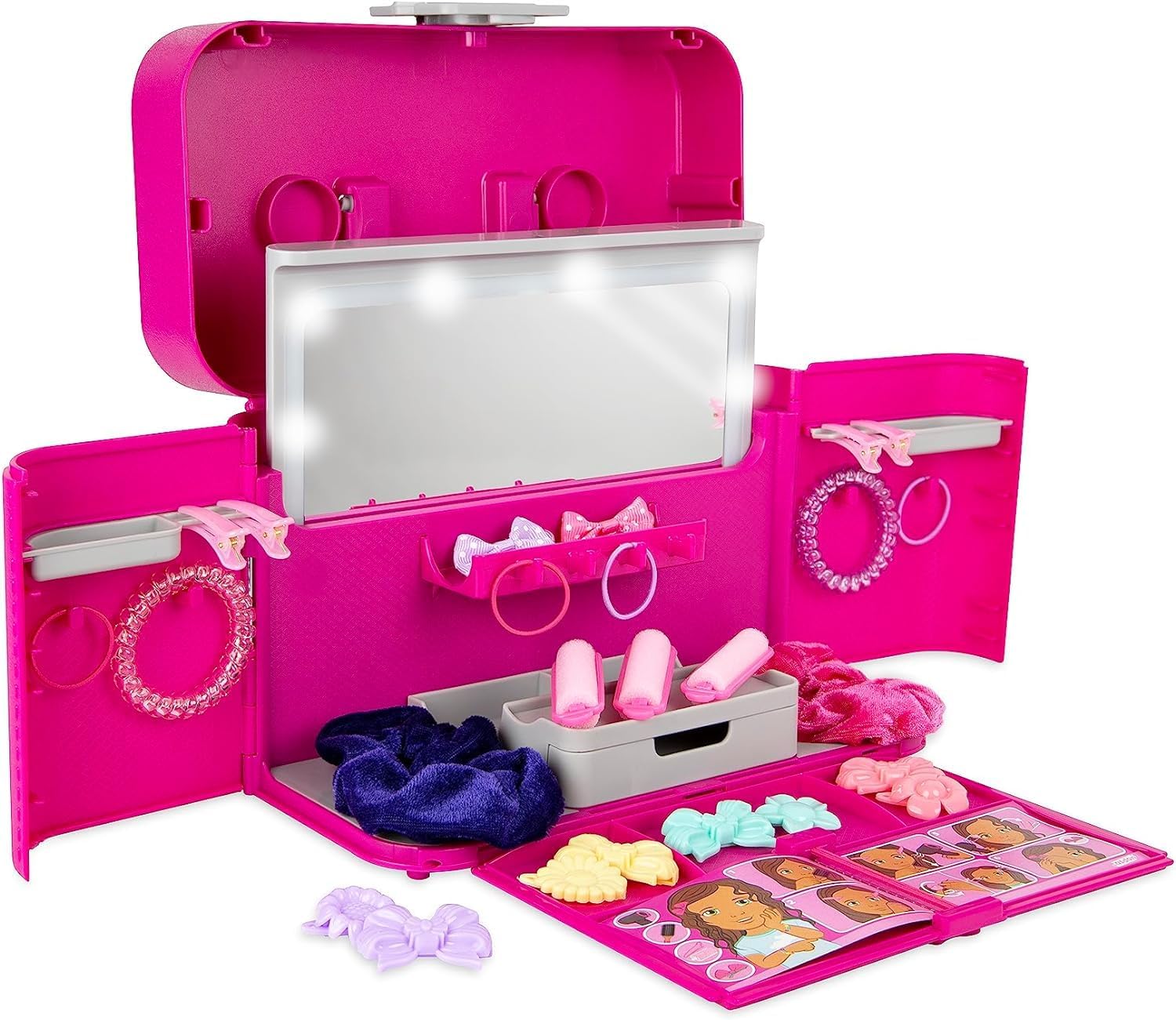 Casdon Ultimate Styling Case. Foldable Hair Styling and Accessory Case with Light-Up Mirror, Style Book, and Hair Accessories. Playset for Children Aged 3+, Pink