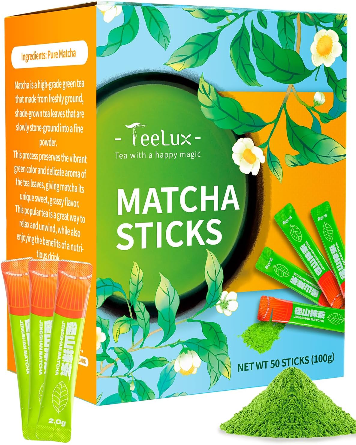 TeeLux Matcha Green Tea Powder, Single Serve 50 Sticks, Instant Vegan Matcha Powder Sachets, Premium Vibrant Culinary Grade Matcha, Packets for Drinking with Water, Latte, Smoothies & Lemonades