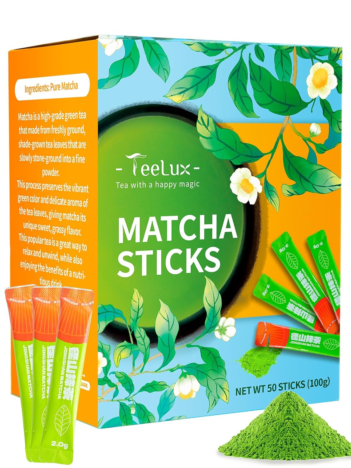TeeLux Matcha Green Tea Powder, Premium First Harvest Culinary Grade Matcha Single Serve Packets, Unsweetened Matcha Powder Travel Stick Packs, 50 Count