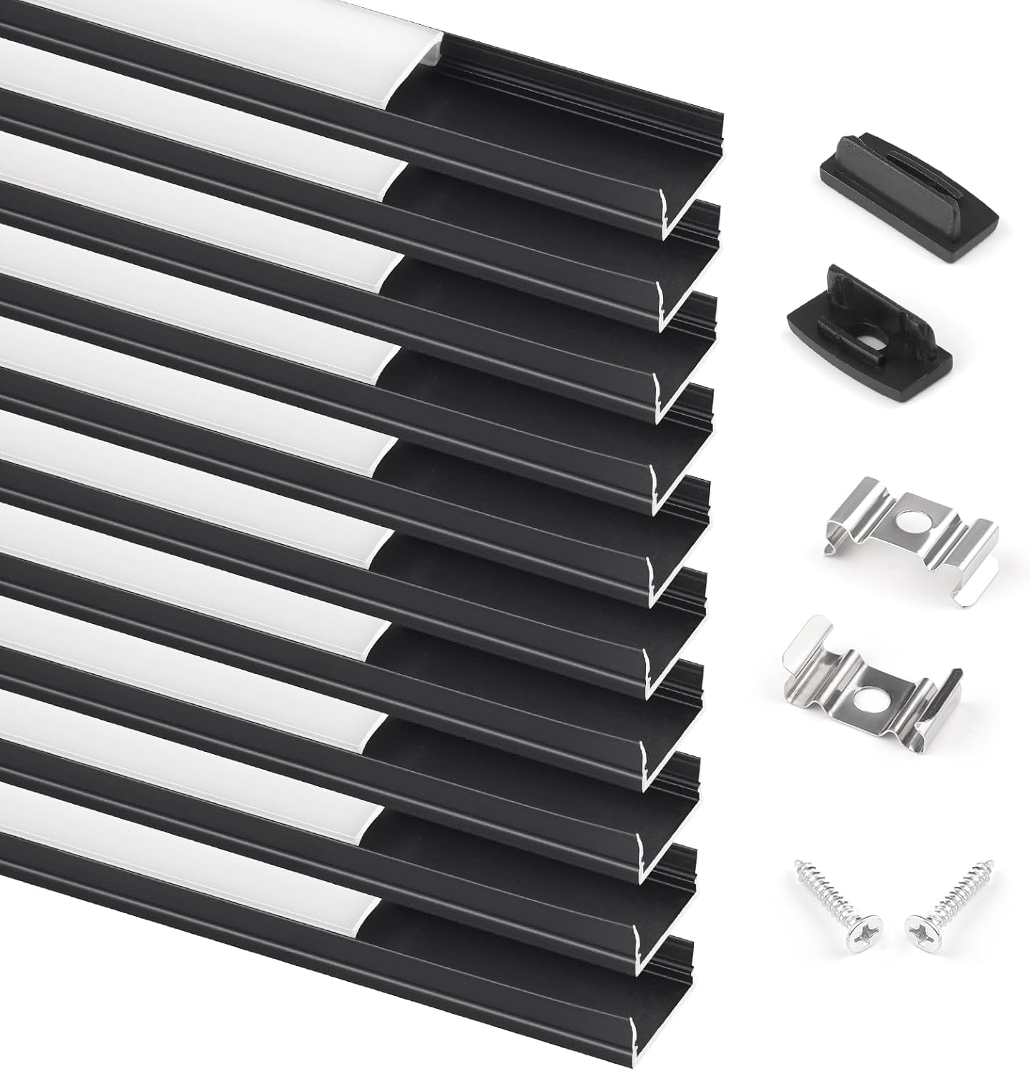 10-Pack 3.3ft/1 Meter Black Aluminum LED Channel with Transparent Smoky Black Cover, led Strip Diffuser for Under Cabinet LED Strip Lights Installations