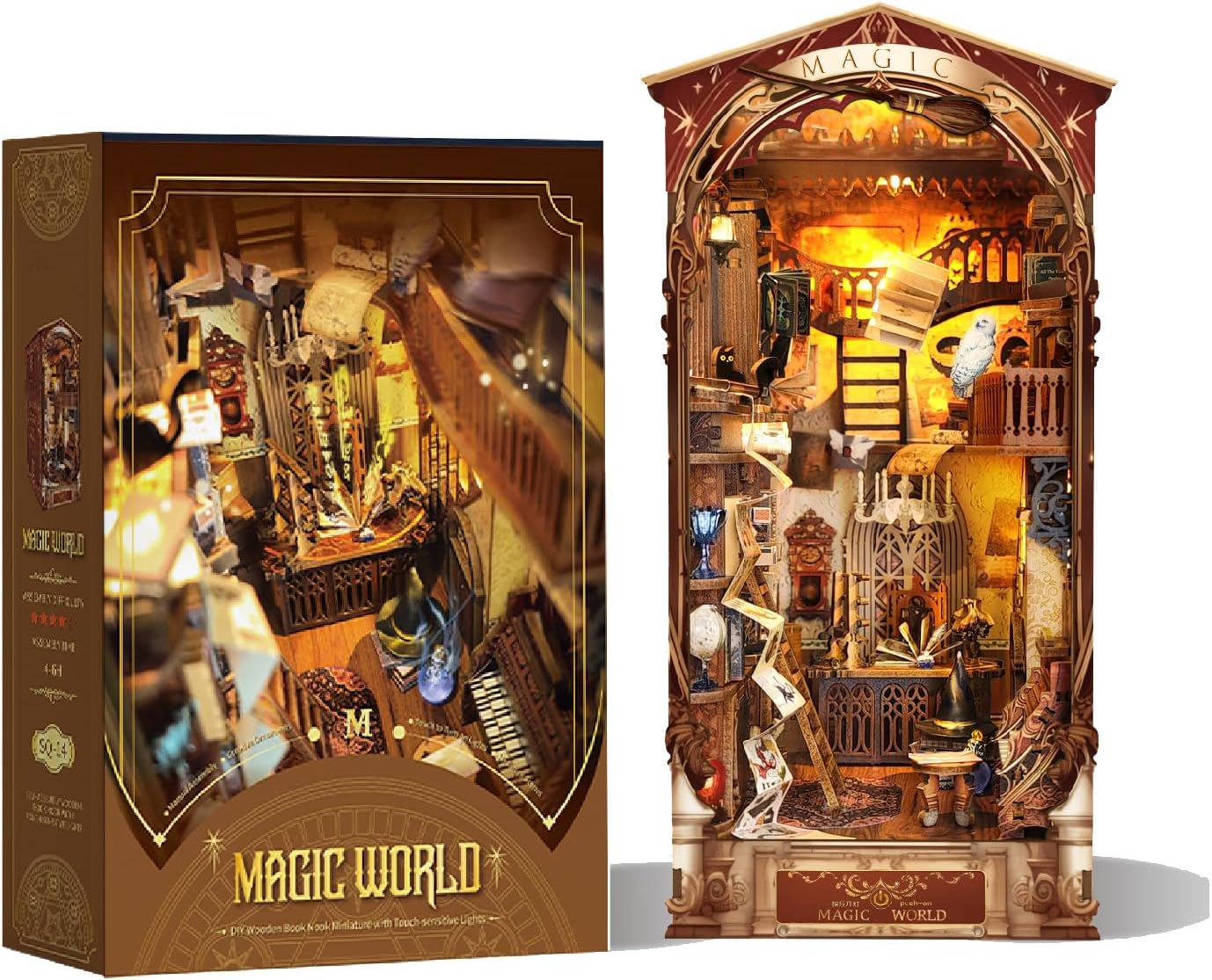STRUCWOOD DIY Magic Book Nook Kit,3D Wooden Puzzle DIY Miniature Dollhouse Tiny House Kit,Bookshelf Insert Decor with LED Light for Adults Teens -Magic World(SQ-14)