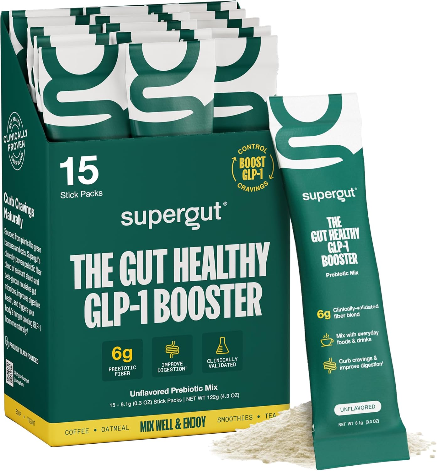 Supergut Gut Healthy GLP-1 Booster - High Fiber GLP-1 Supplement Powder for Women & Men - Sugar-Free Drink Mix for Gut Health (15 Servings)