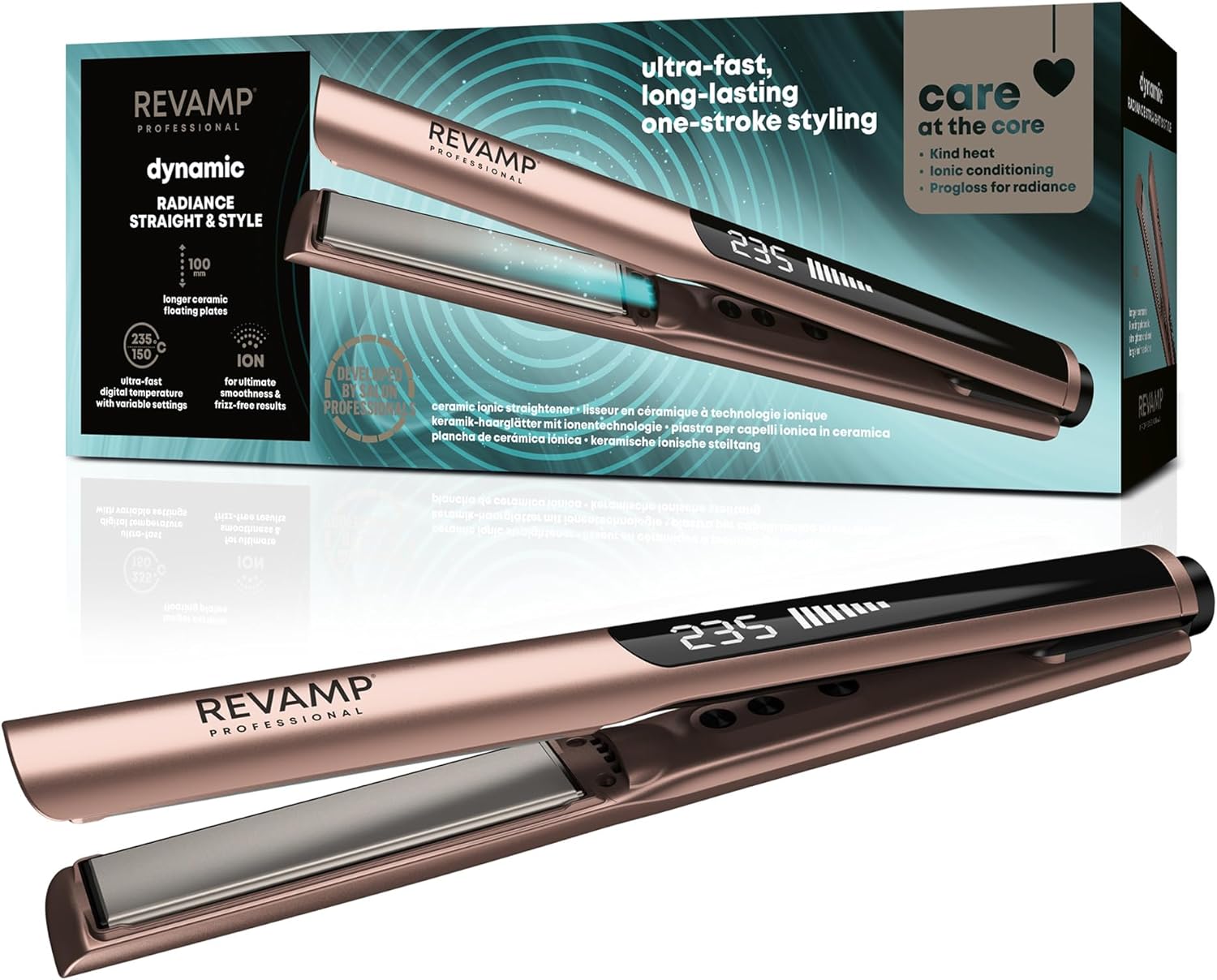 REVAMP Dynamic Radiance Straight & Style Ionic Ceramic Hair Straighteners - Extra-Long Plates for One Stroke Styling, Curved Design for Lasting Waves, Curls - Salon Professional Hair Straightener