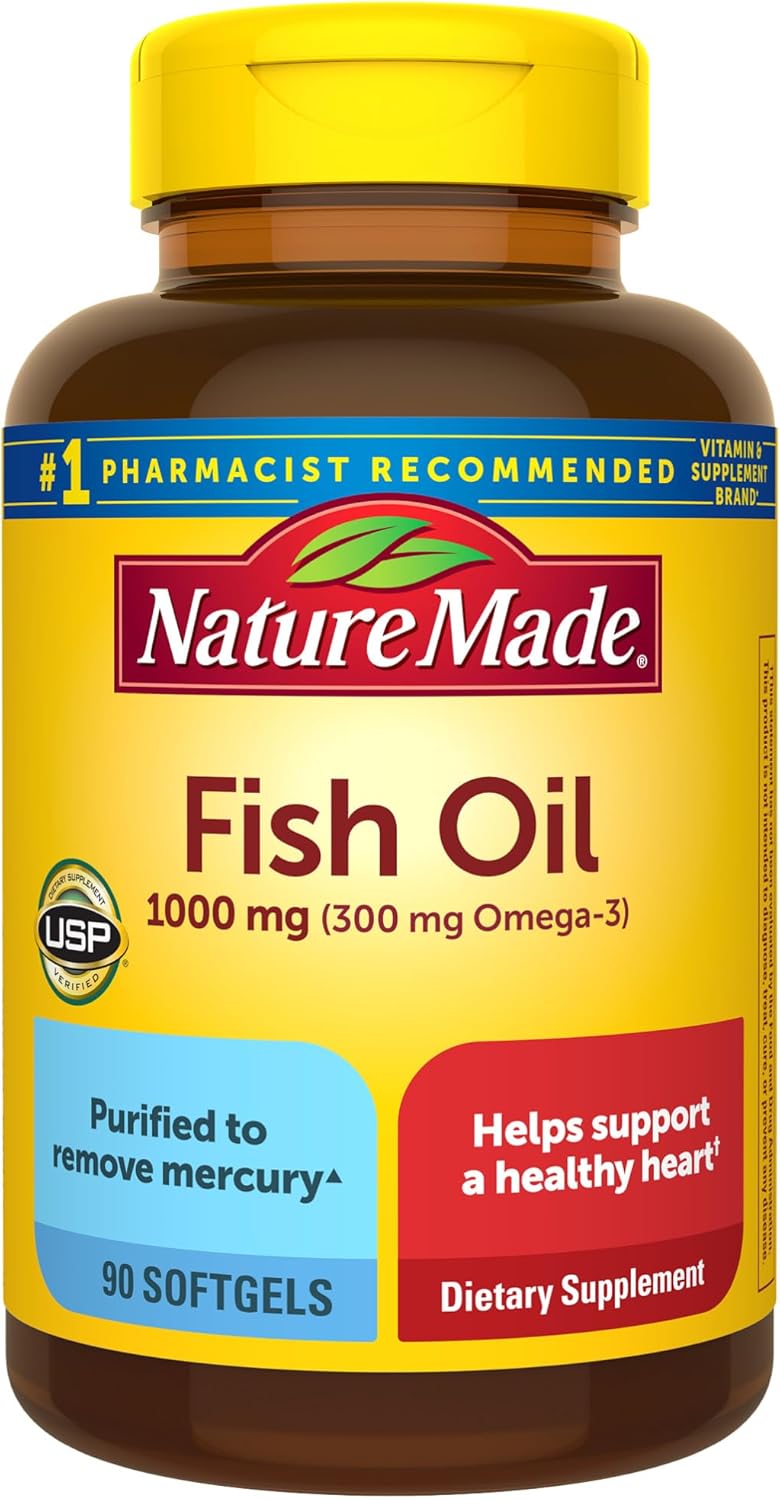 Nature Made Fish Oil Omega 3 Supplements, 1000 mg Softgels, Omega 3 Fish Oil for Healthy Heart Support, 90 Softgels, 45 Day Supply