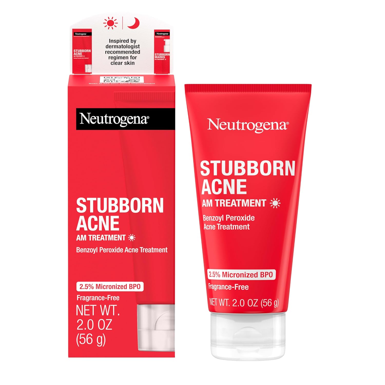 Neutrogena Stubborn Acne AM Face Treatment with 2.5% Micronized Benzoyl Peroxide Acne Medication, Oil-Free Daily Facial Treatment Reduces Size & Redness of Breakouts, Paraben-Free, 2.0 oz
