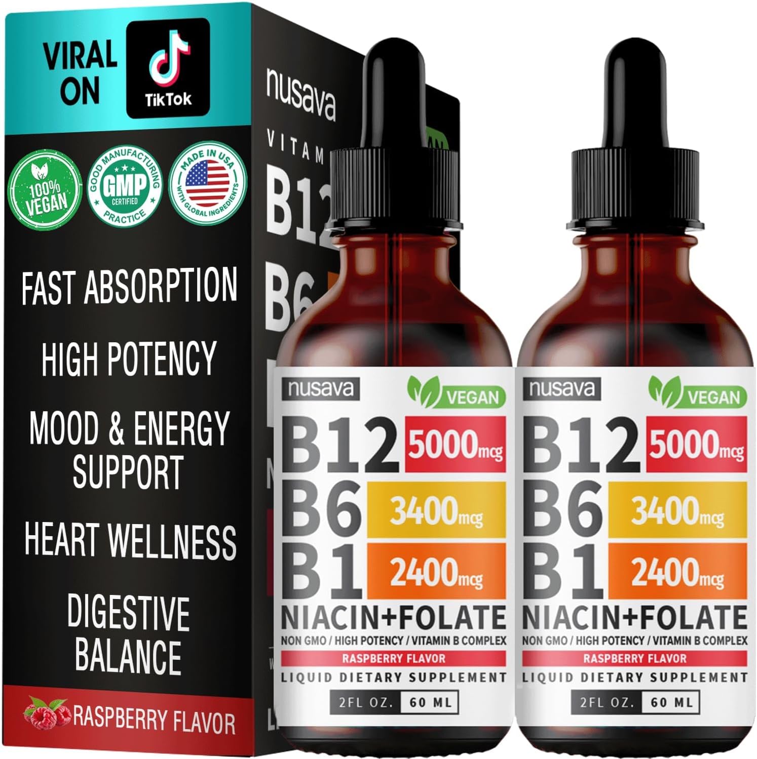 (2 Pack) Vitamin B12 and B6 Liquid Drops, B12 Sublingual Vitamin B Complex - B 12 Vitamin 5000mcg - B12 Methylcobalamin for Energy, Brain, and Heart Support with 27,200 mcg, Raspberry, 80 Servings
