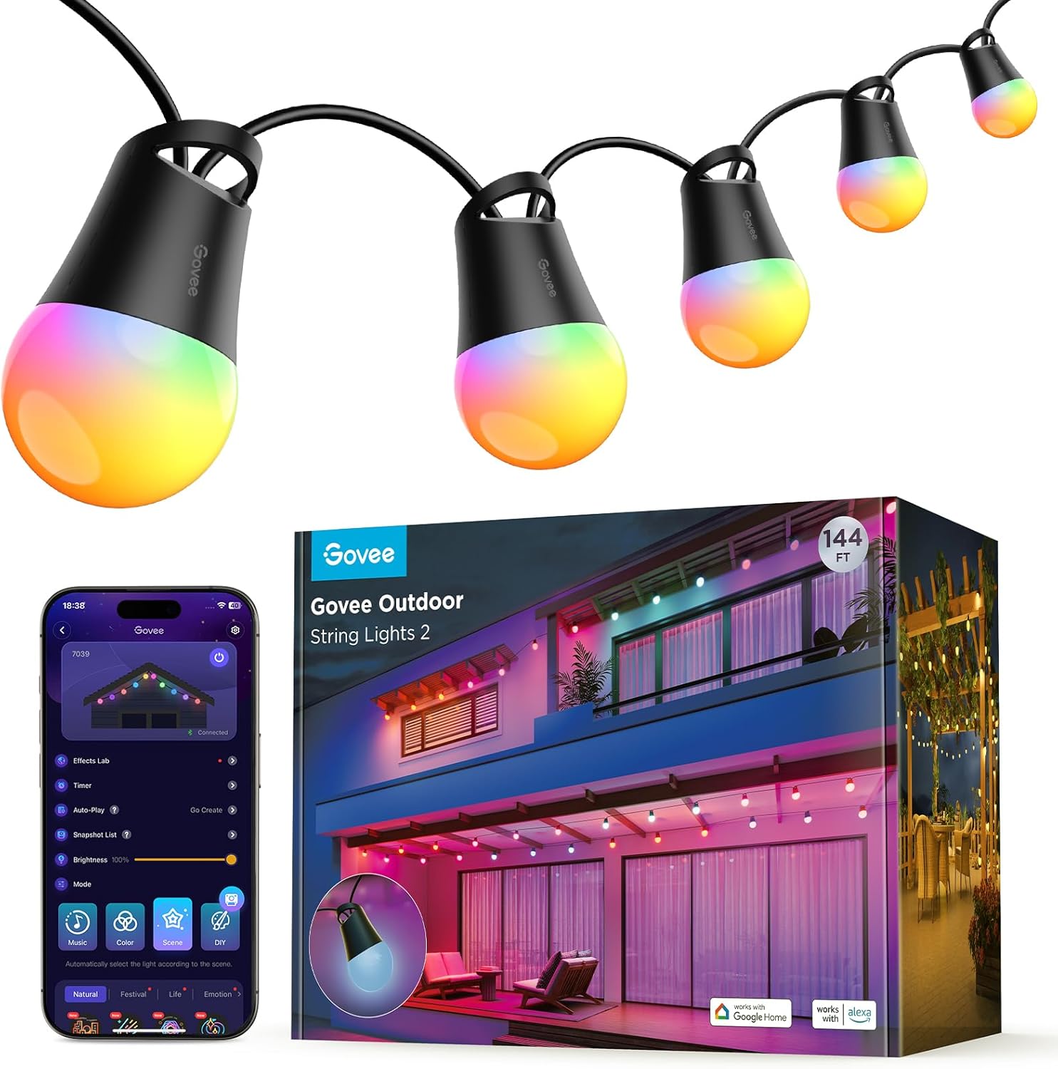 Govee Smart Outdoor String Lights 2, 144ft RGBIC Outdoor Lights with Dimmable Warm White LED Bulbs for Christmas, 47 Scene Modes for Patio, Backyard, IP65 Waterproof, Works with Alexa, App Control
