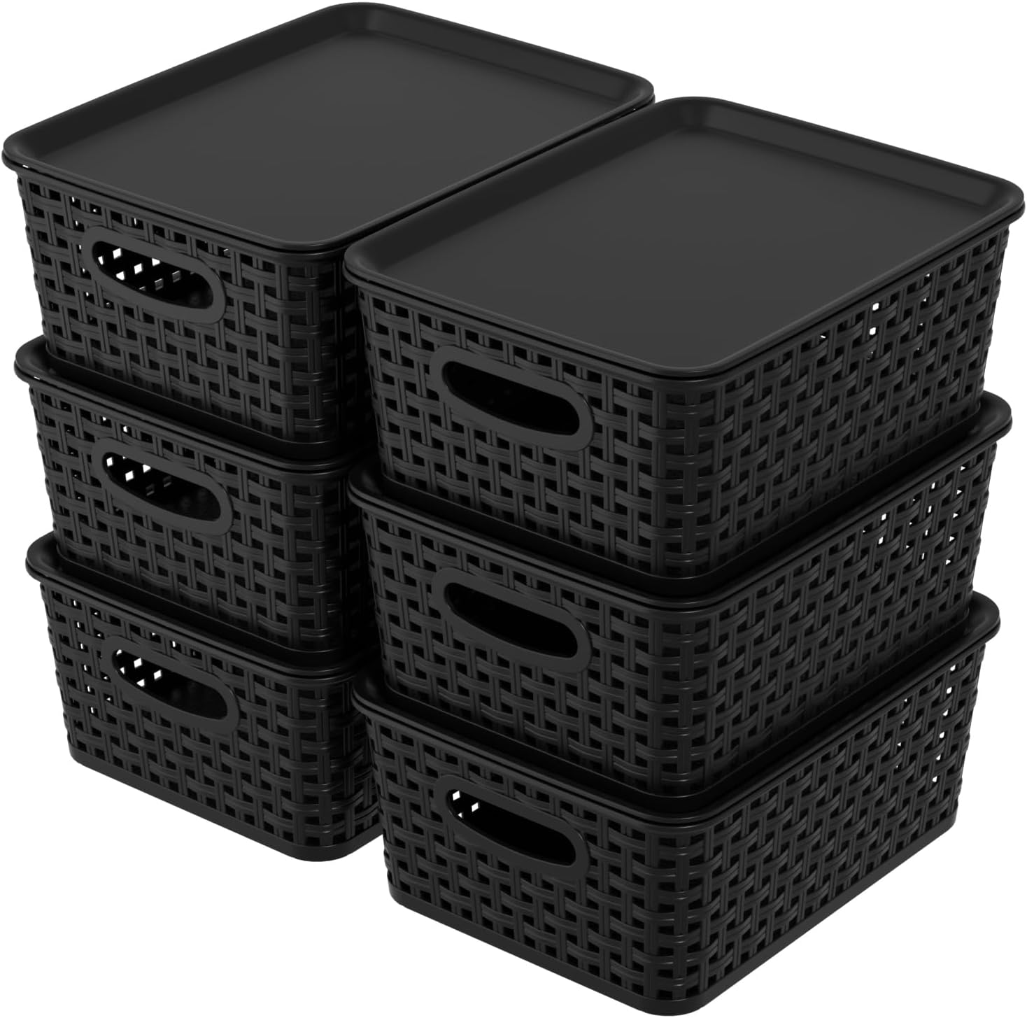 Begale Set of 6 Plastic Storage Baskets with Lids, Plastic Woven Storage Basket Bins, Stackable Lidded Storage Bins for Bathroom, Classroom, Black