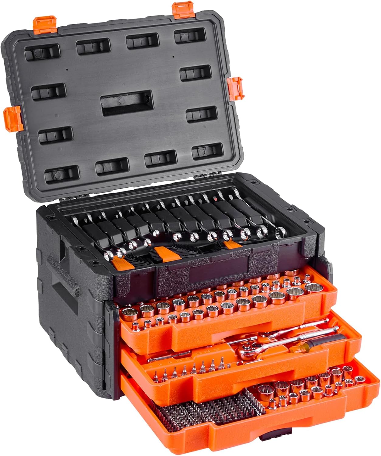 VEVOR Mechanics Tool Set and Socket Set, 450 Pcs, 1/4, 3/8 and 1/2 inch Drive Deep and Standard Sockets, SAE Metric Mechanic Tool Kit with Bits, Wrenches, Accessories, Storage Case with Orange Drawer