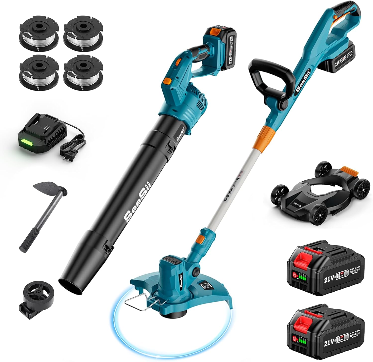 SEESII Electric String Trimmer and Leaf Blower Combo Kit, 3 in 1 Cordless Weed Wacker Grass Eater with 1.3"/2.1" Height, Battery 12" Lawn Mower & Rotary Handheld Blower with 5-Speed for Yard Lawn