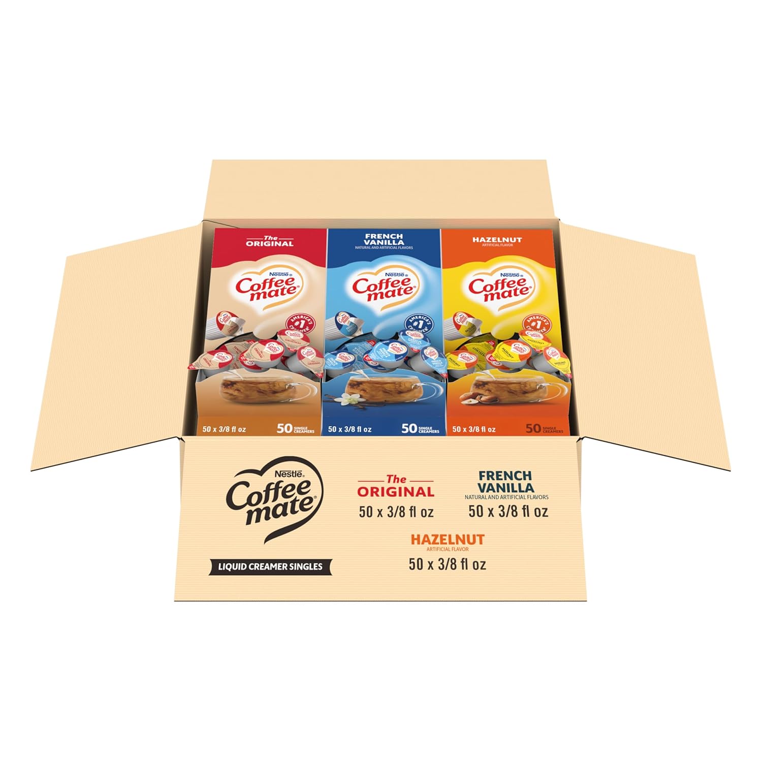 Nestle Coffee mate Creamer Singles Variety Pack, Original, French Vanilla, Hazelnut, Non Dairy, No Refrigeration, 150 Count (Pack of 3)