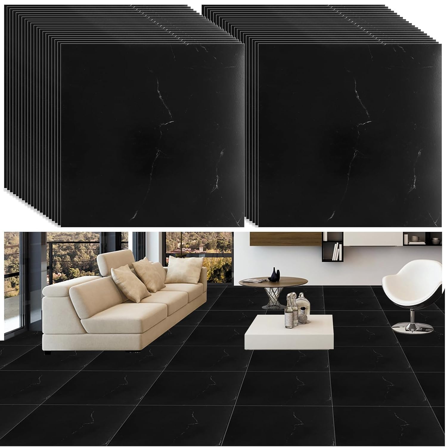 YAYODS 20 Pack Self Adhesive Floor Tile Vinyl Flooring, 30x30cm Black Marble Effect Flooring Stickers, Waterproof Peel and Stick Floor Tile for Kitchen Bathroom Living Room and Floor Planks