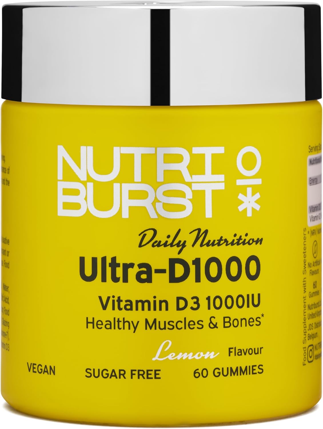Nutriburst Ultra-D1000 - Vitamin D3 (1000IU) + Vitamin K2 (80µg) for Healthy Muscles & Bones - Lemon Flavour - 60 Gummies 1 Month Supply - Suitable for Vegans