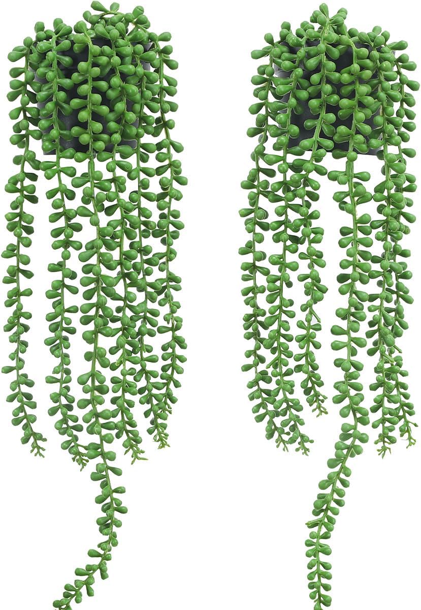 Floweroyal 2pcs Fake Hanging Plants Fake Potted String of Pearls Succulent Plants Small Faux Plants for Indoor Outdoor Shelf Wall Decor