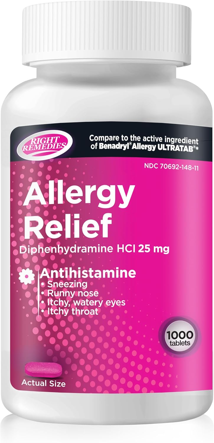 RIGHT REMEDIES Allergy Relief Antihistamine, Diphenhydramine HCl 25mg, Generic Benadryl Ultratabs, Relieves Seasonal Indoor or Outdoor Upper Respiratory Allergies, 1000 Count