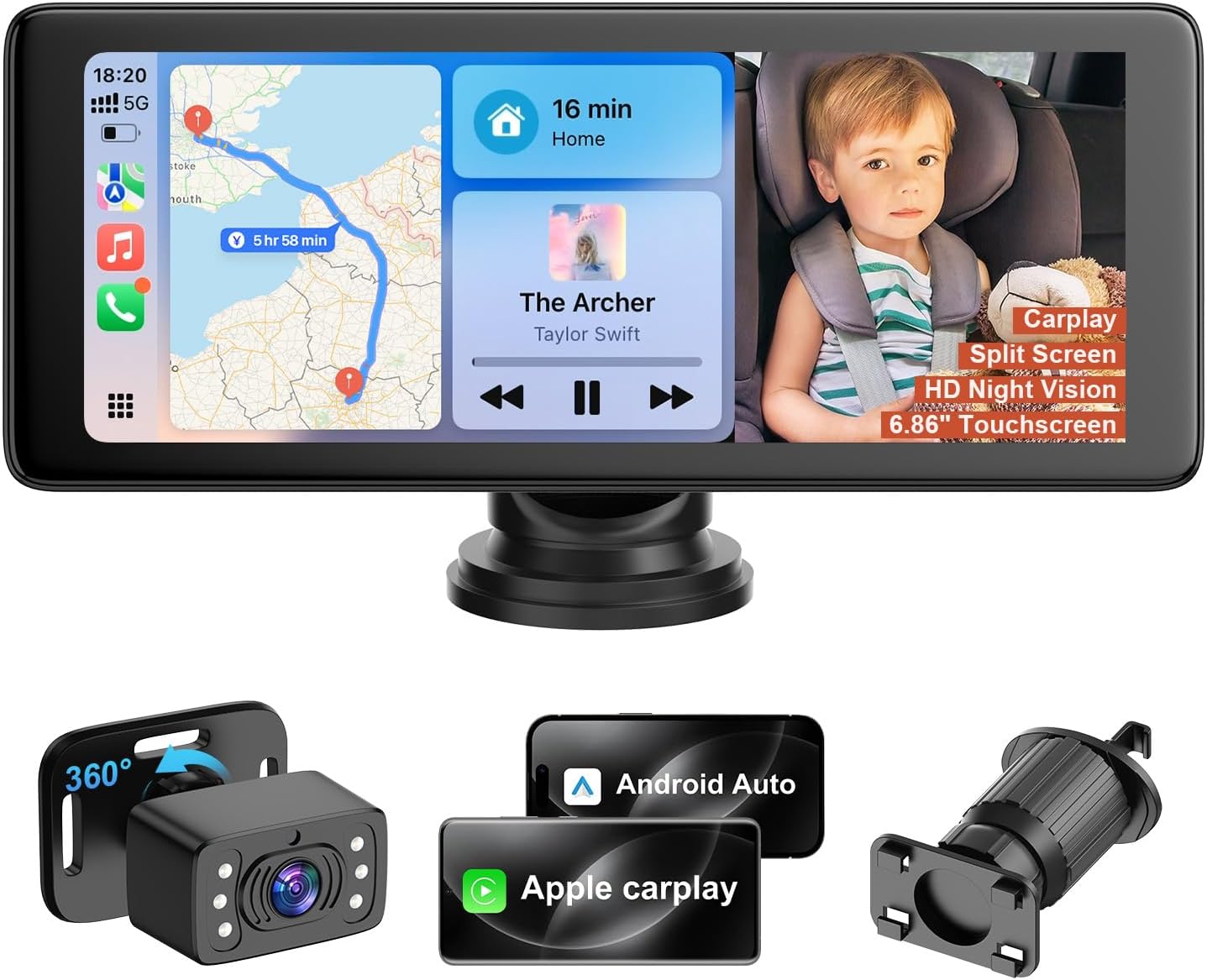 YJ1 Baby Car Camera - 6.86" HD Car Baby Monitor Touchscreen with Apple CarPlay, 1080p Ultra IR Night Vision, 150° Wide Angle, Split Screen, 3X Zoom, GPS Navigation,FM,Siri, Plug-and-Play