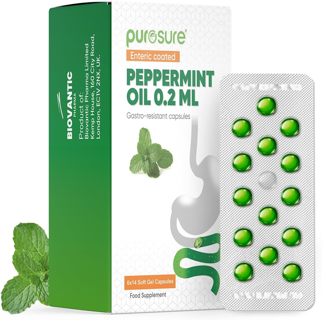 Purosure Enteric Coated Peppermint Oil Capsules - 84 Soft Gel Caps (0.2ml Each), Gastro-Resistant Natural Soothing Mint Sealed in Hygienic Blister Strips Supports Healthy Digestion