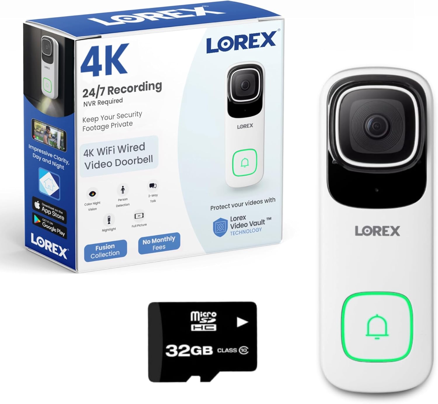 Lorex 4K Wired WiFi Smart Video Doorbell Camera w/No Subscription Fee - Smart Security Lighting, Night Vision, Motion Detection, Requires Existing Wiring (White)