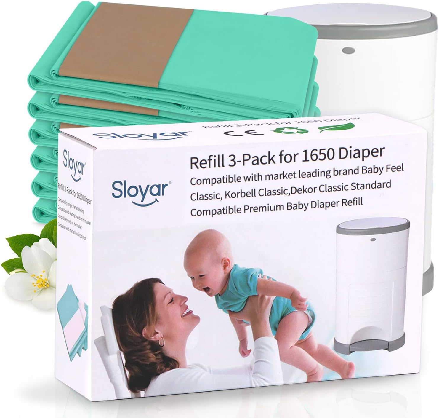 Sloyar Refills Compatible with DEKOR CLASSIC Diaper Pails/3 Pack/Versatile and Functional/Suitable for Seniors and Infants/Baby Powder Fragrance/Holds up to 1650 Diapers