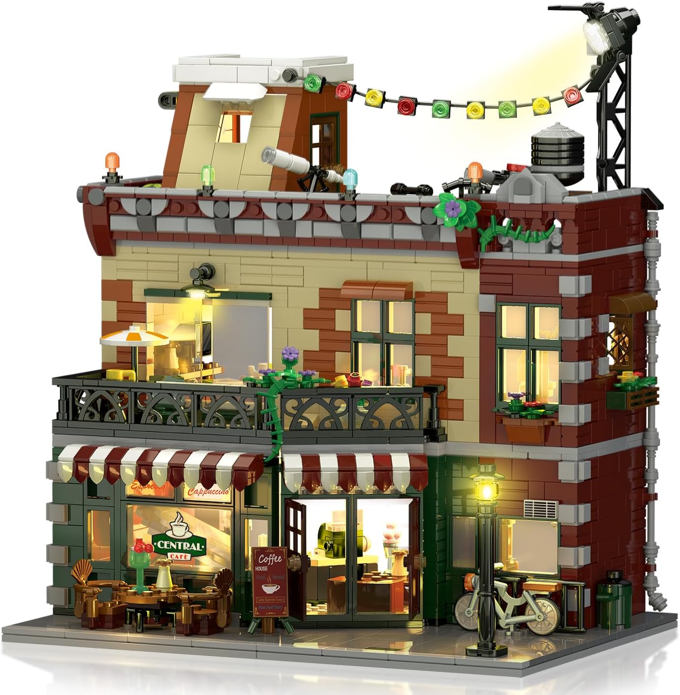 Coffee House Building Set with Light, 1589 PCS City Cafe Shop Building Block Toy with Stage Street Lights, Architecture Construction Model for Adults Teens Kids Ages 10 11 12+ Boys Girls