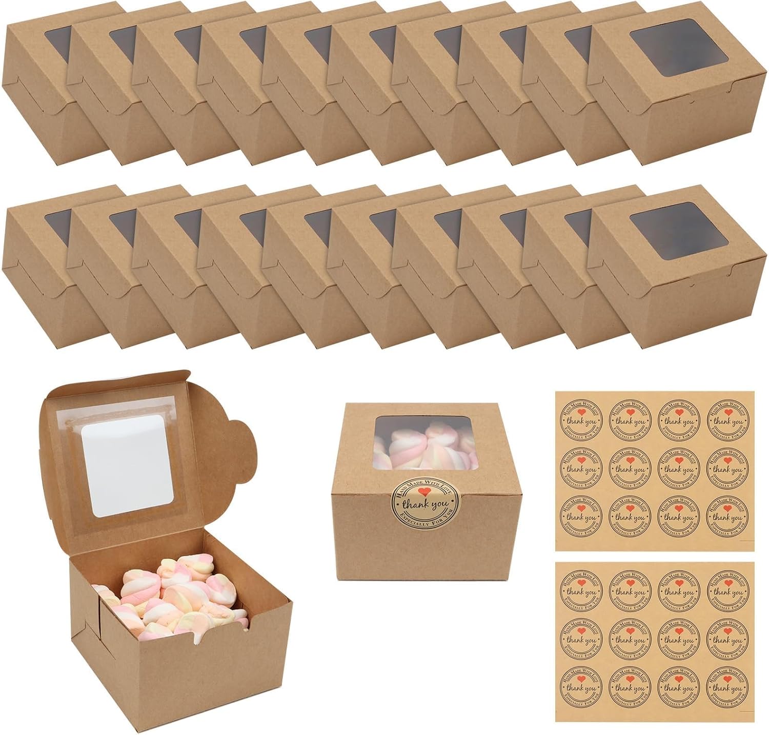 JOYSKY 10 Pcs Brown Cupcake Boxes Paper Cake Box Bakery Pastry Boxes with Windows and 12 Stickers Kraft Candy Boxes for Cupcakes Desserts Pastries Cookies Small Cakes Candy Pies & Gifts