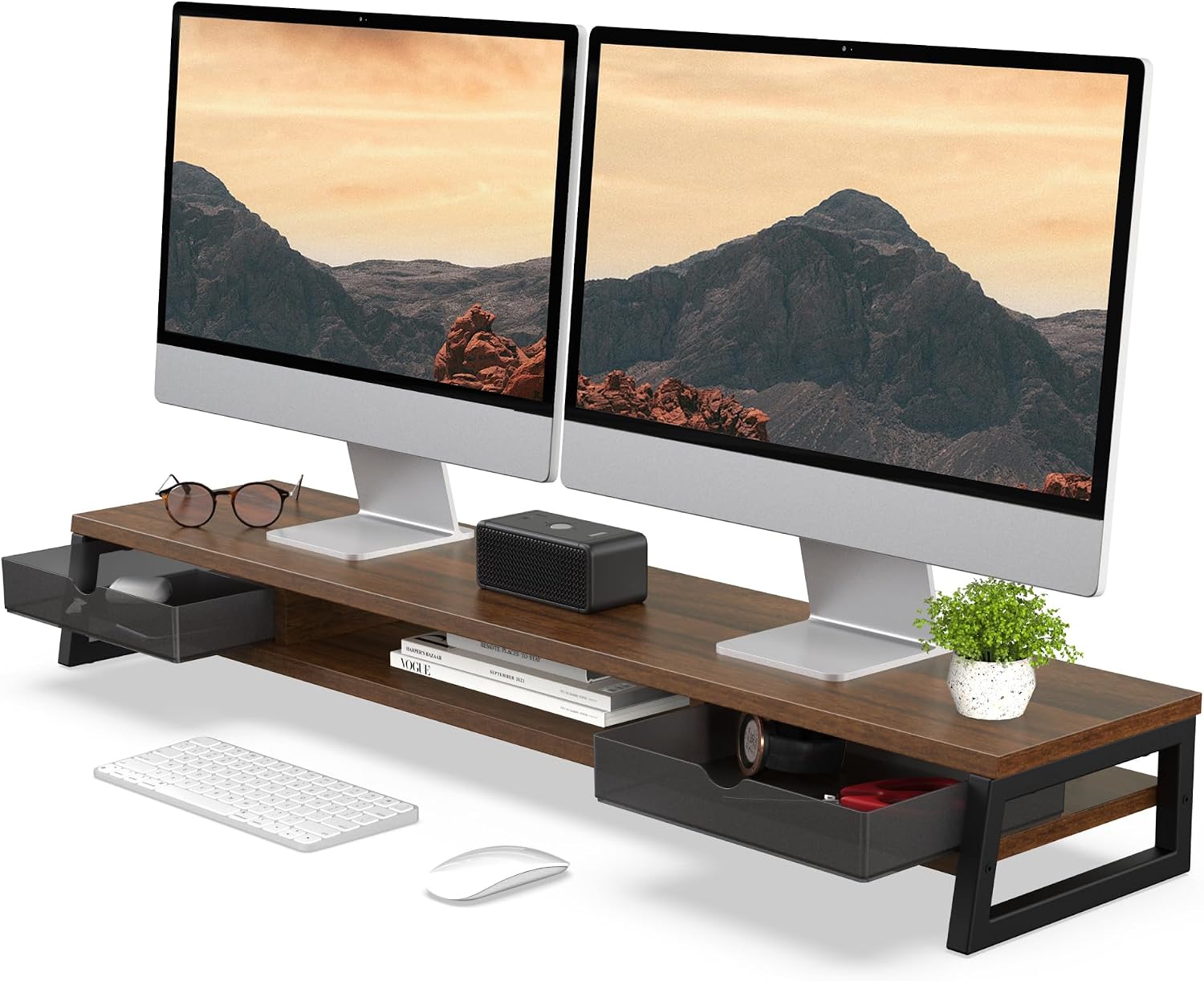 Fenge Dual Monitor Stand Riser, 42.5in Desk Shelf with 2 Drawers, Brown