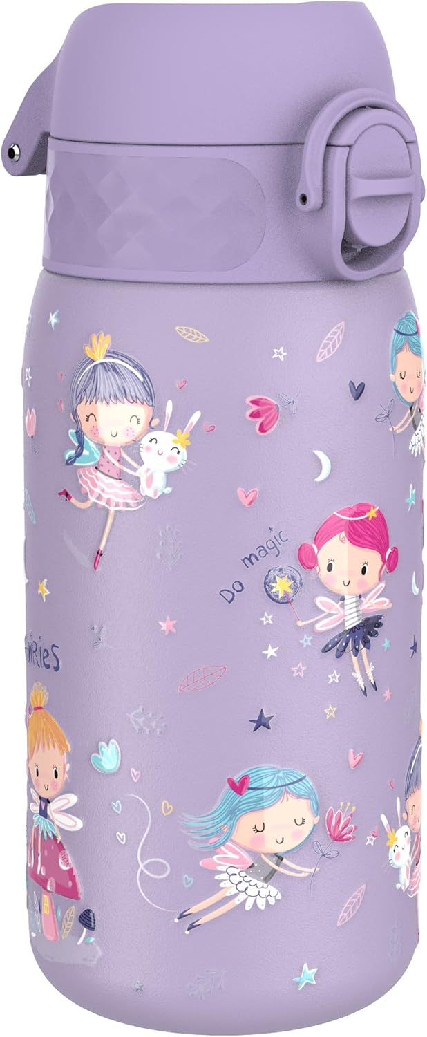 Ion8 Small Water Bottle, Leak Proof, Easy to Open, Secure Lock, Dishwasher Safe, Flip Cover, Carry Handle, Easy Clean, Durable, Water Bottle, Raised Print, Purple, Fairies