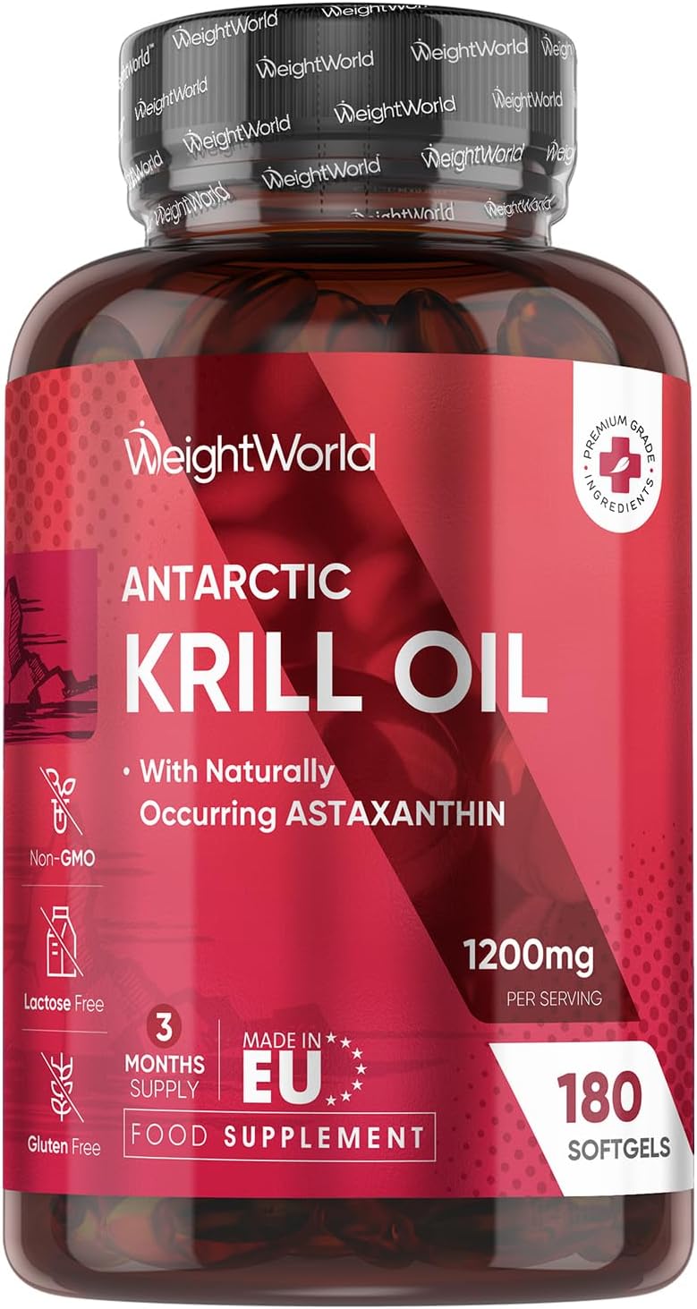 Antarctic Krill Oil Capsules - 1200mg - 3 Months Supply - 180 Red Krill Oil Softgels - Omega 3 Fatty Acids Supplements - Providing Astaxanthin, Marine Phospholipids, EPA, DHA & Choline