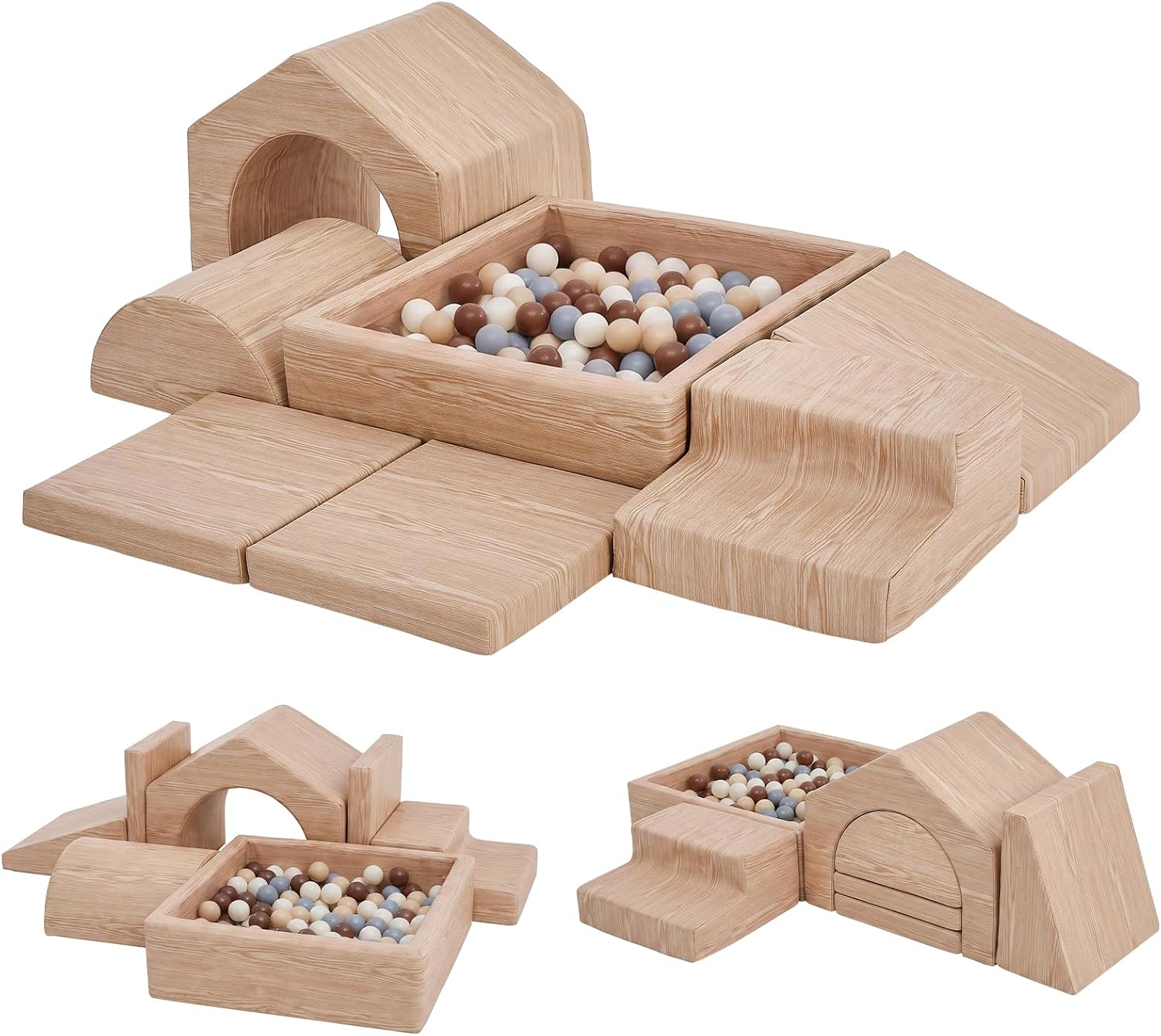 Soft Foam Climbing Blocks Set for Toddlers – 7-Piece Square Ball Pit & Play Structure with Light Wood Grain Leather, Indoor Soft Play Gym, Montessori Activity Toys for Kids(82.7"×26.8"×18.5")
