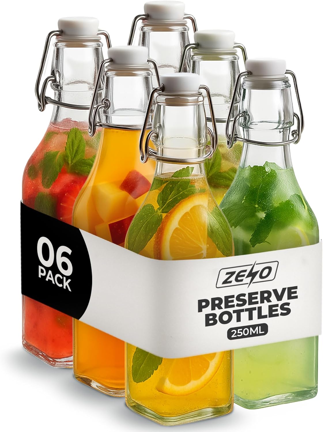 ZENO Clip Top Preserve Bottles - 250ml | Set of 6 Airtight Glass Cruet Dispenser Bottles | Ideal for Home Brewing | Vintage Style Vacuum Clip Seal | Glass Bottles w/Stoppers