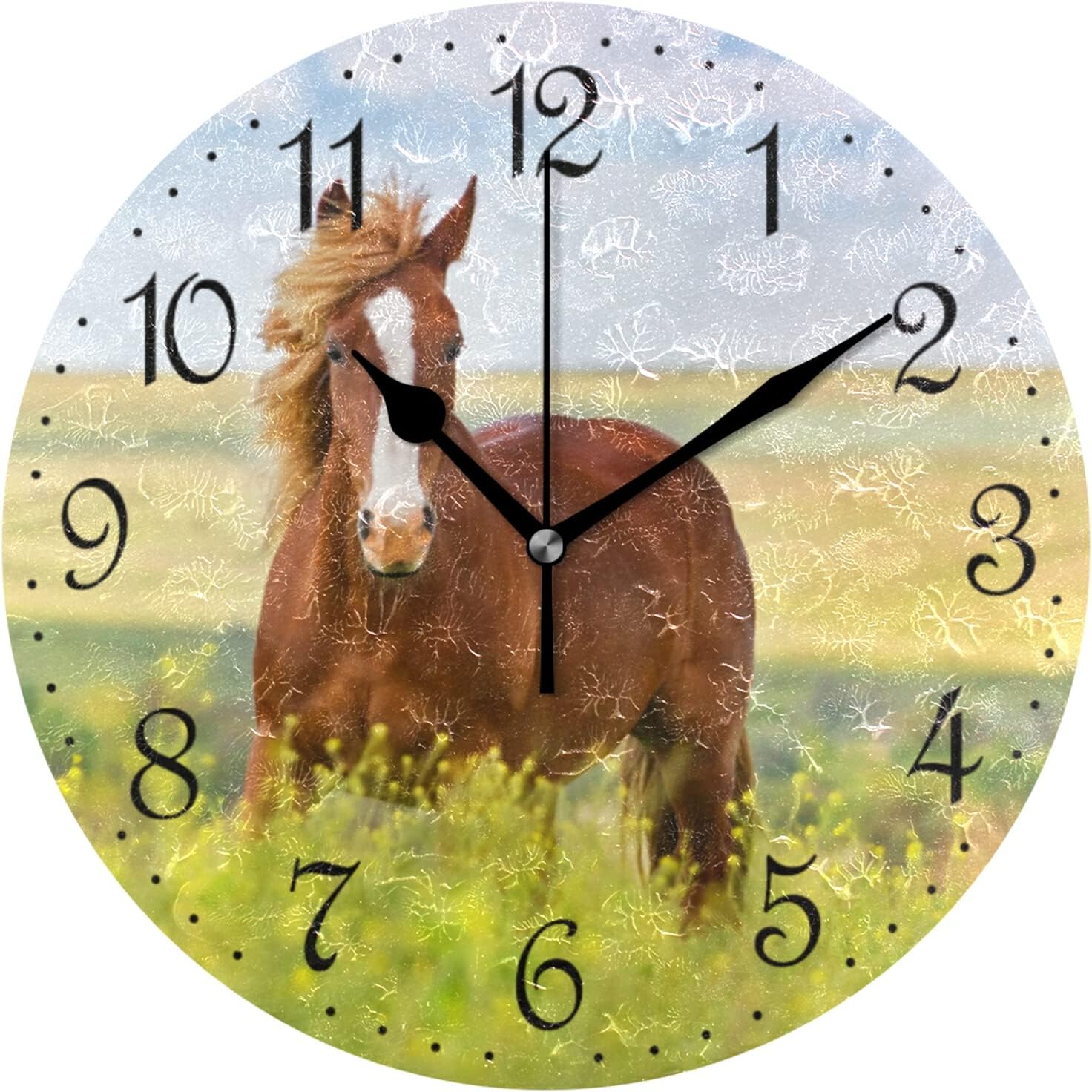 Mnsruu Wall Clock Horse and Flower Field Silent Non-Ticking Decorative Wall Clocks Battery Operated 25x25cm for Home Living Room Kitchen Bathroom Bedroom