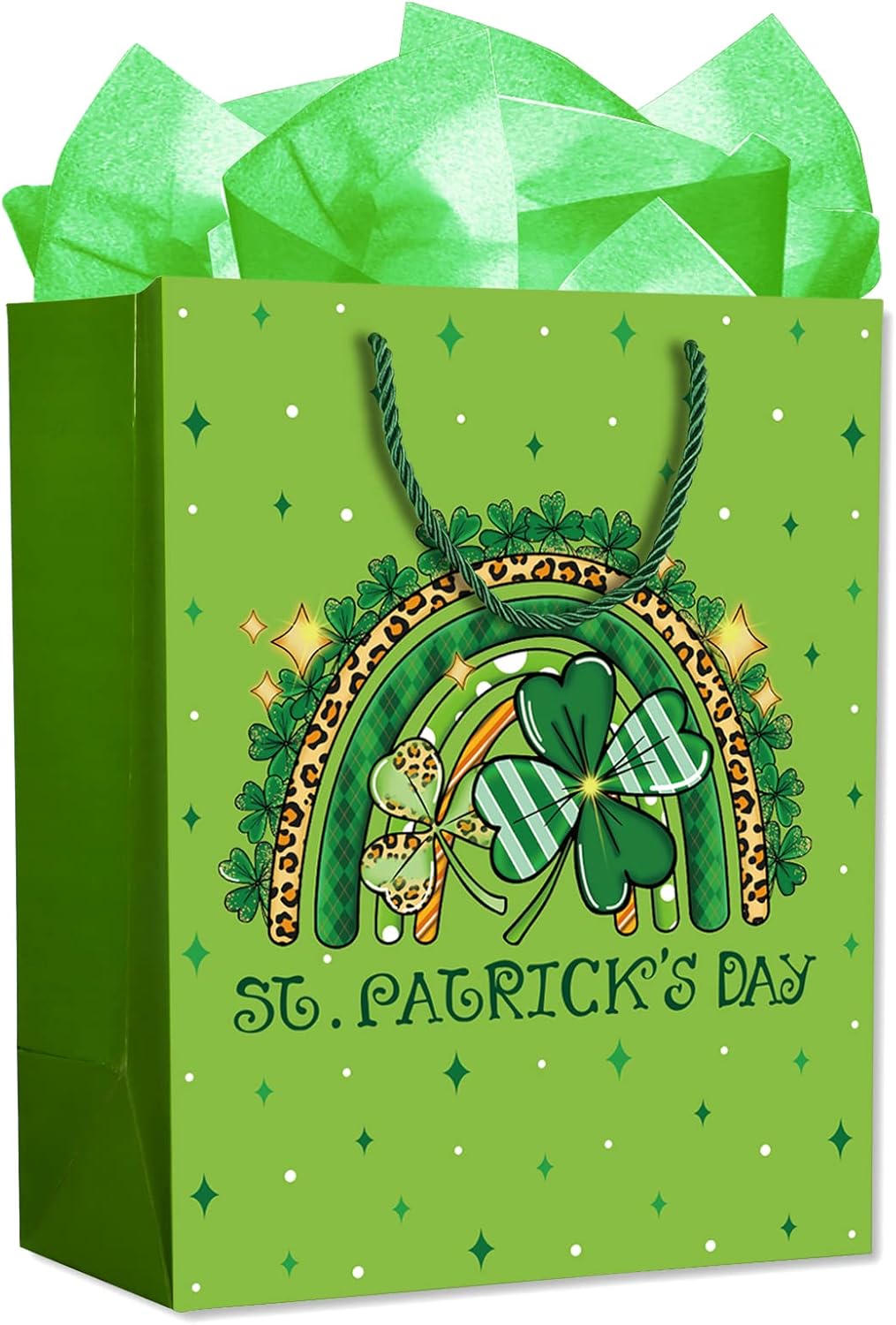 WaaHome St. Patricks Day Gift Bag with Handle Large Green Shamrock Clover Gift Bags with Tissue Paper, Happy St. Patrick's Day Wrapping Paper Gift Bag for Kids Family Friends