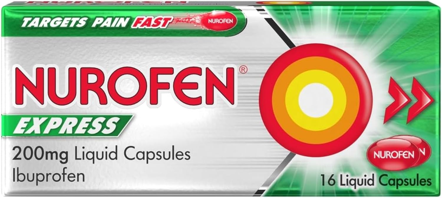 Nurofen Express Ibuprofen Liquid Capsules 200mg, 16 Count - Fast-Acting Relief for Period Pain, Headaches, Migraines, Cold & Flu Symptoms