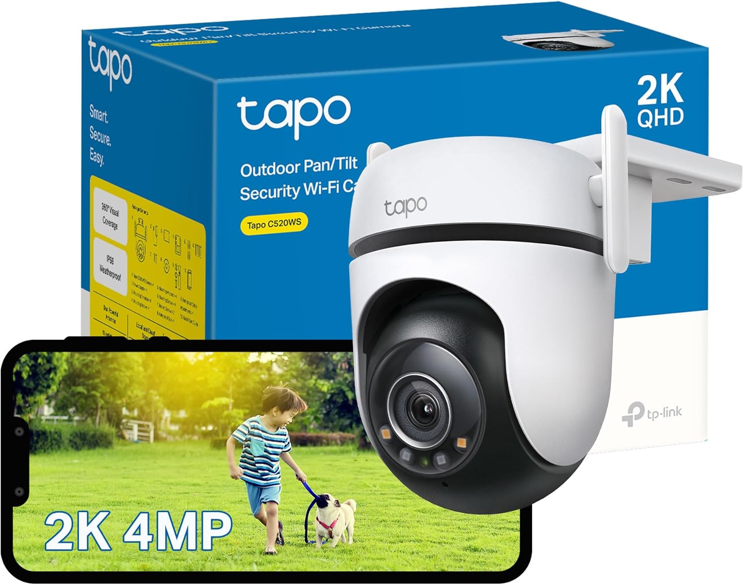 Tapo C520WS Pan/Tilt Outdoor Security Camera, 2K 4MP WiFi Outdoor Camera, 360° Vision Motion Tracking, No Monthly Fee, AI Detection, Starlight Colour Night Vision, IP66, Works with Alexa & Google