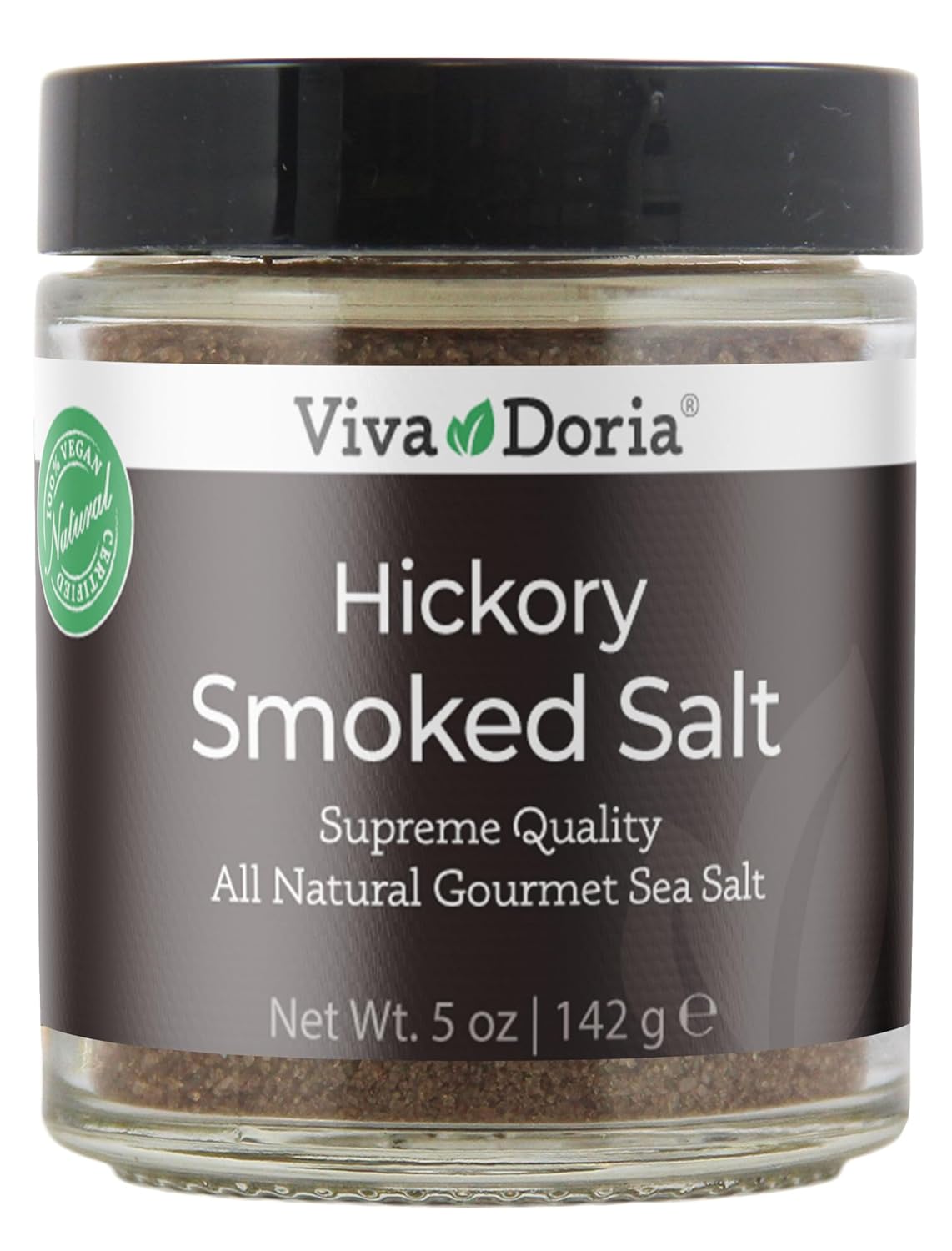 Viva Doria Hickory Smoked Sea Salt (Fine Grain) Hickorywood Salt (5 oz glass jar)