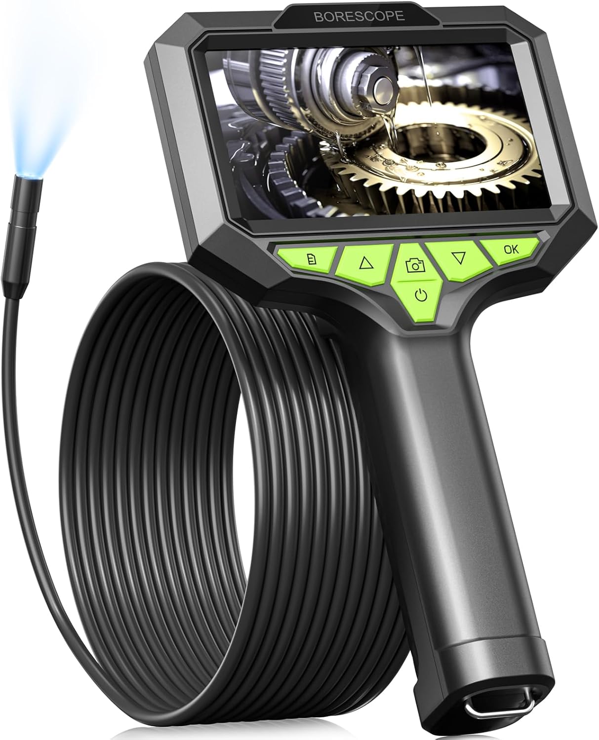 1080P Borescope Inspection Camera with Light, 4.3" IPS Screen, 11.5ft Waterproof Flexible Probe - Black, USB, IP67