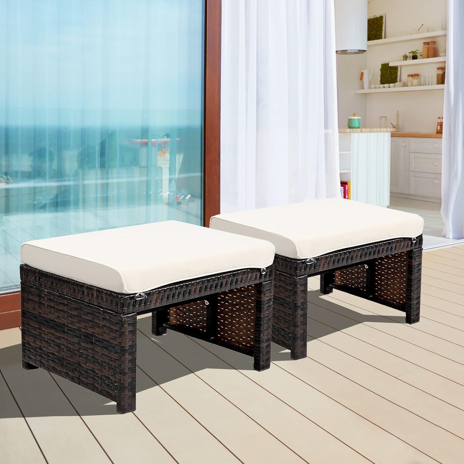 ORALNER Outdoor Ottoman, Set of 2 Wicker Footstools, All-Weather Rattan Foot Stools w/Removable Cushions, Patio Footrest Extra Seating for Porch, Poolside, Garden, Deck, Easy Assembly (Off White)