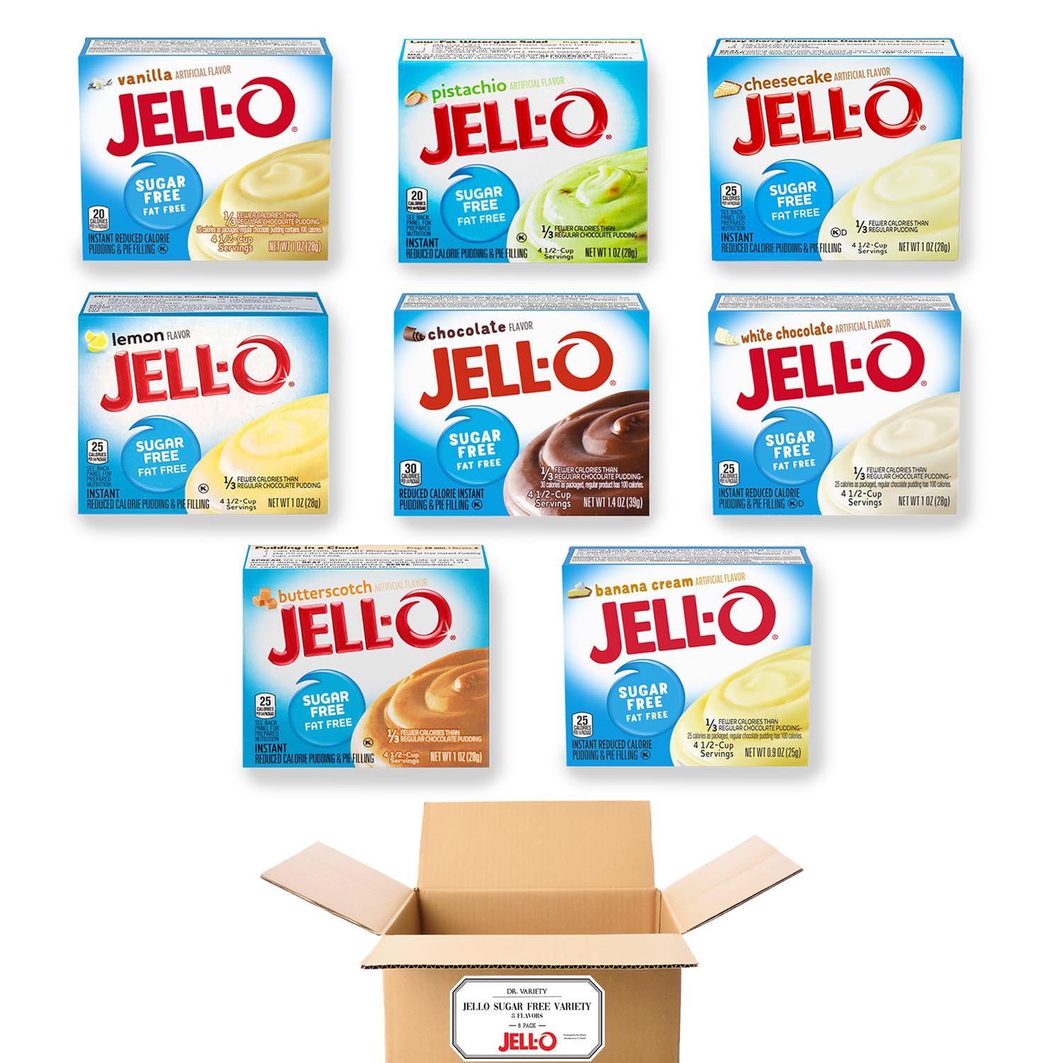 Jello Sugar Free Pudding Mix Instant - Dessert Flavor Variety Pack (8 Flavors) - Fat Free, Sugar Free Jello Pudding Mix & Pie Filling - Includes Cheesecake, Banana Cream, and more - By Dr. Variety