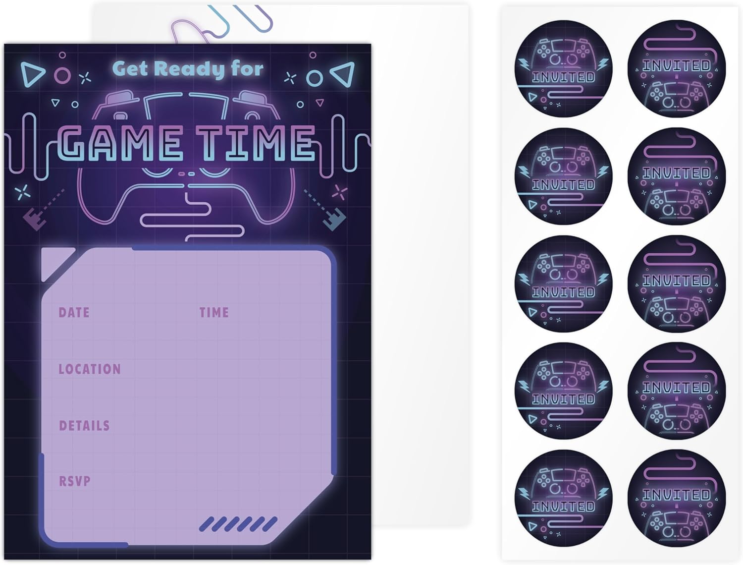 Rileys & Co. 50-Pack Game Party Invitations for Kids – 5 x 7 inches – Premium Quality Cards with Matching Envelopes & Stickers – Level Up Your Party Invites for an Epic Celebration