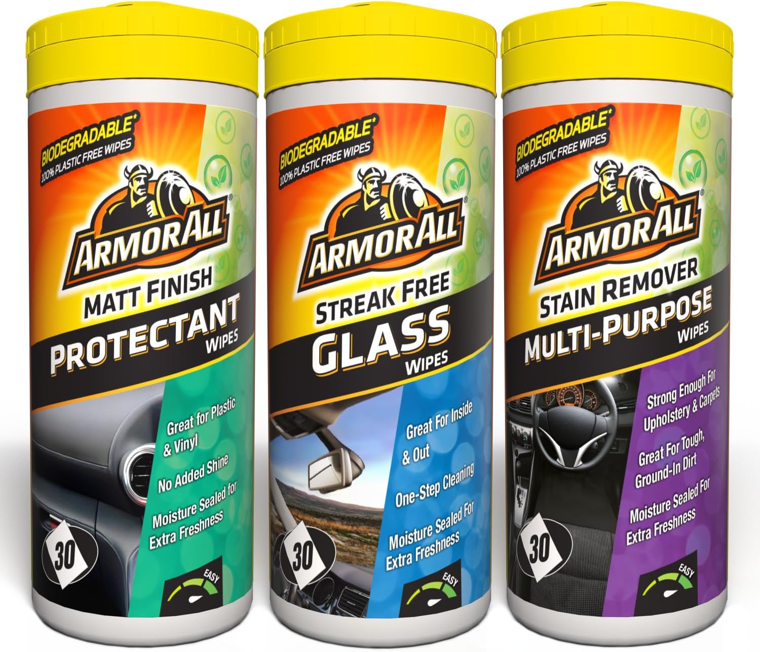 Armor All, Car Interior Cleaning Wipes, Triple Pack for Dashboard, Glass & All Around Interior, 90 Biodegradable Wipes (Set of 3x30 Plastic Free Wipes), Ideal for Car Detailing, Made in the UK