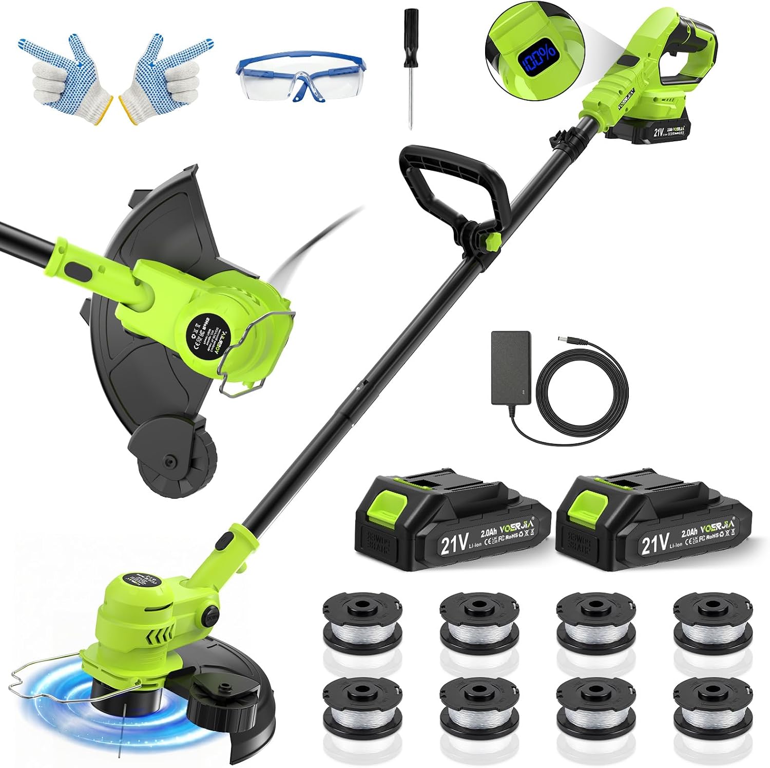 VOERJIA Cordless Grass Trimmer 21V, 30cm Cutting Diameter Garden Strimmer with 2 Batteries & Charger, Auto Line Feed, 8 Spools Included, 2-in-1 Lawn Edger with 90° Adjustable Head （Pro Edition-LCD）