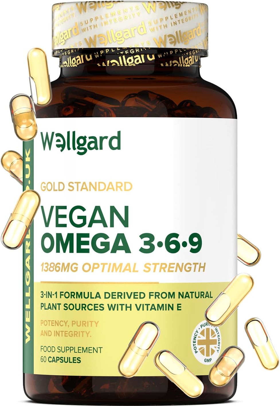 Vegan Omega 3 6 9 Capsules by Wellgard - High Strength 1386mg Flaxseed Oil Capsules with Alpha Linolenic Acid (ALA), Linoleic Acid (LA), Vitamin E
