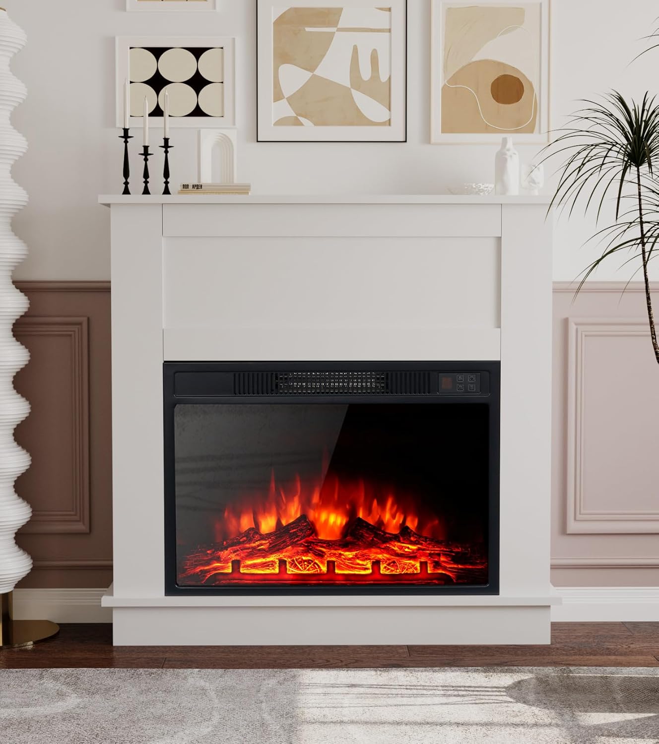 Electric Fireplace Suite 23" and Realistic Flame Effect Fire with Wood Srround, Button and Remote Control Timer, Adjustable 3 LED Flame Colors, White.