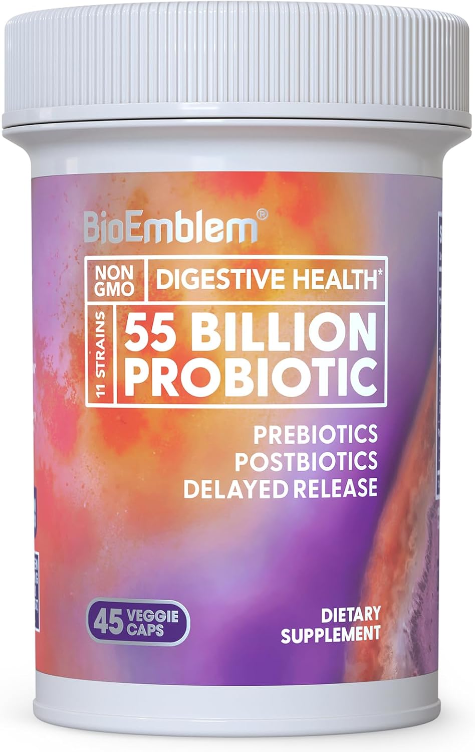BioEmblem Probiotics for Women & Men – 55 Billion CFU | 11 Strains with Prebiotics & Postbiotics | Jerusalem Artichoke & Inulin | Digestive & Immune Support, Nutrient Absorption | Non-GMO,45 Capsules