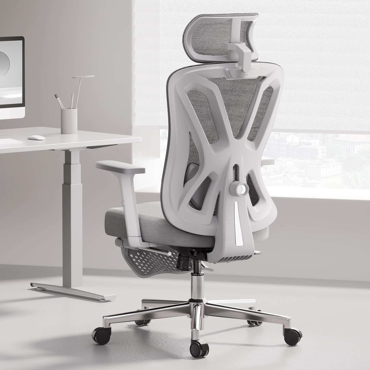 Hbada P5 Ergonomic Office Chair, Desk Chair with Adjustable Lumbar Support and Height, Comfortable Mesh Computer Chair with Footrest 2D Headrest, Swivel Tilt Function White