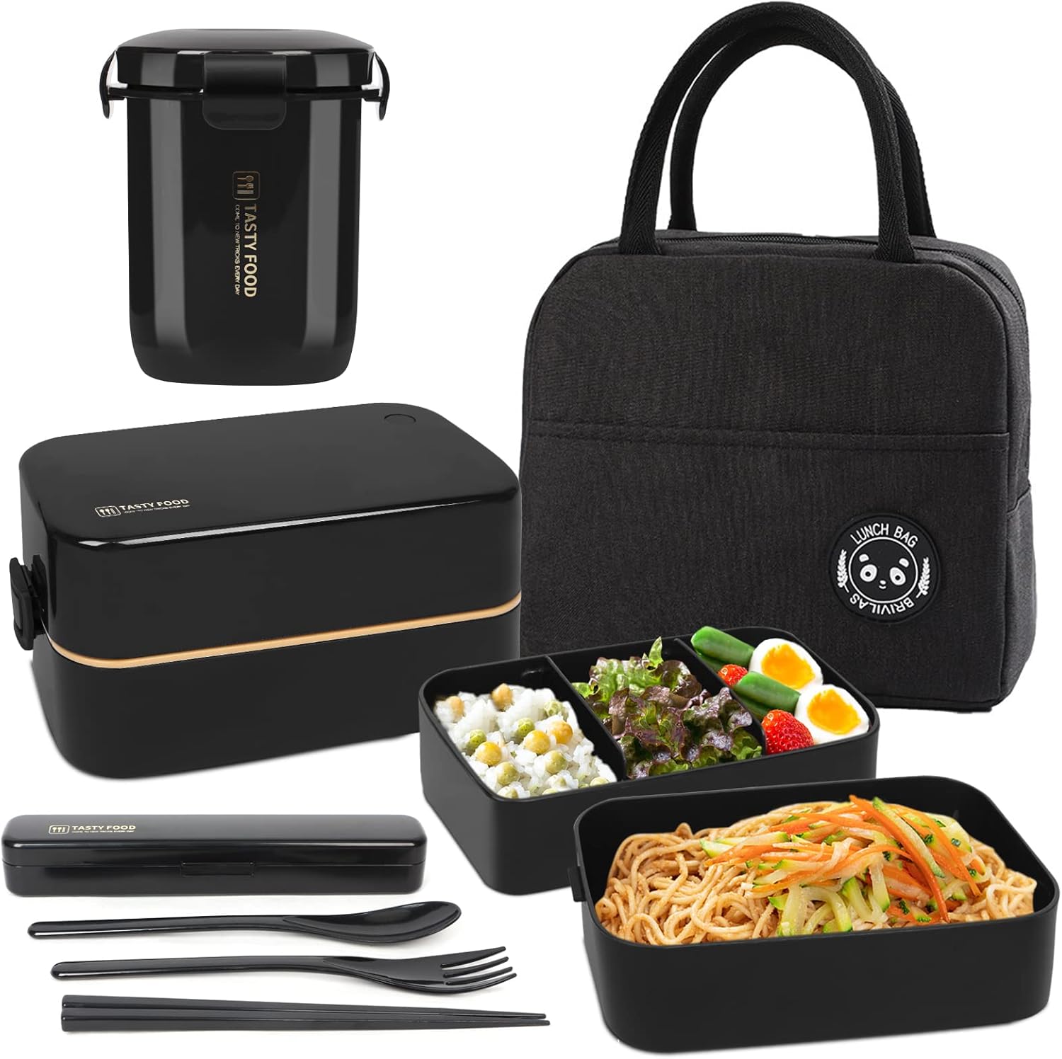 UHAPEER 2 Tier Lunch Box Bento Box with Lunch Bag Cutlery, Bento Lunch Boxes with Adjustable Compartments for Adults and Kids, Portable Leakproof Food Container Lunchbox for Work and School, Black