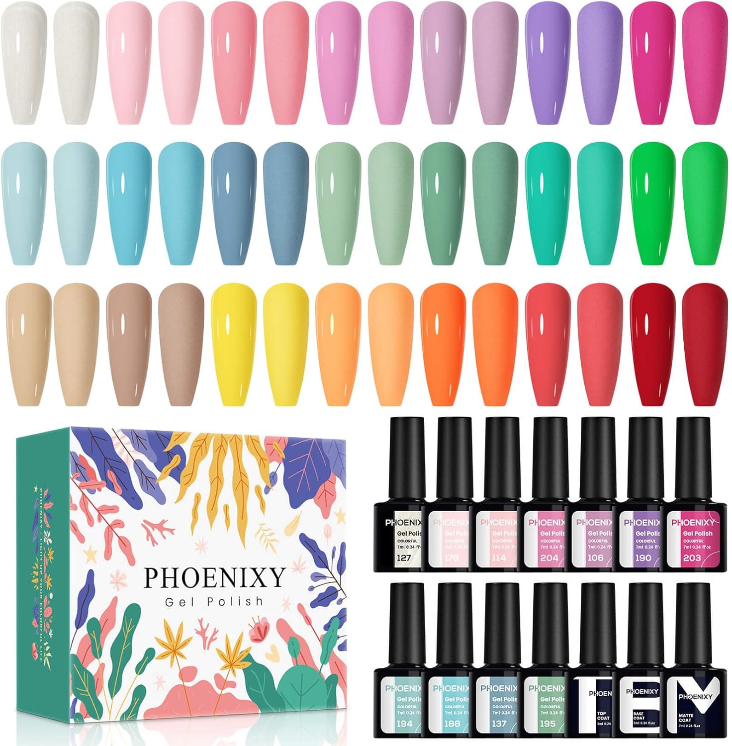 Phoenixy Gel Nail Polish, 21 Colours Nail Polish Starter Kit Soak Off Gel Polish Nail Varnish Set Base and Top Coat Gifts Set for Women