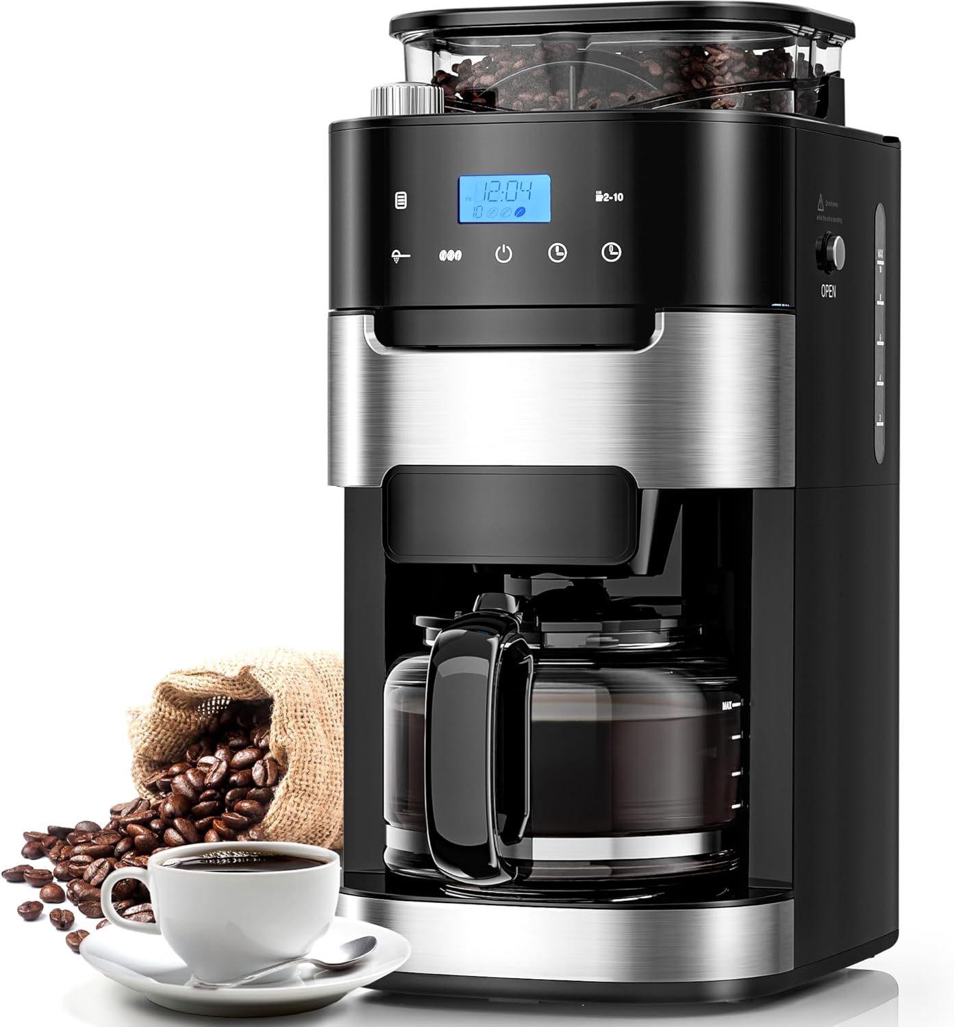 10-Cup Drip Coffee Maker with Built-in Grinder,Programmable Grind & Brew, Coffee Machines with Smart LED Touchscreen, 24H Timer, Customizable Strength & Grind Size,Black