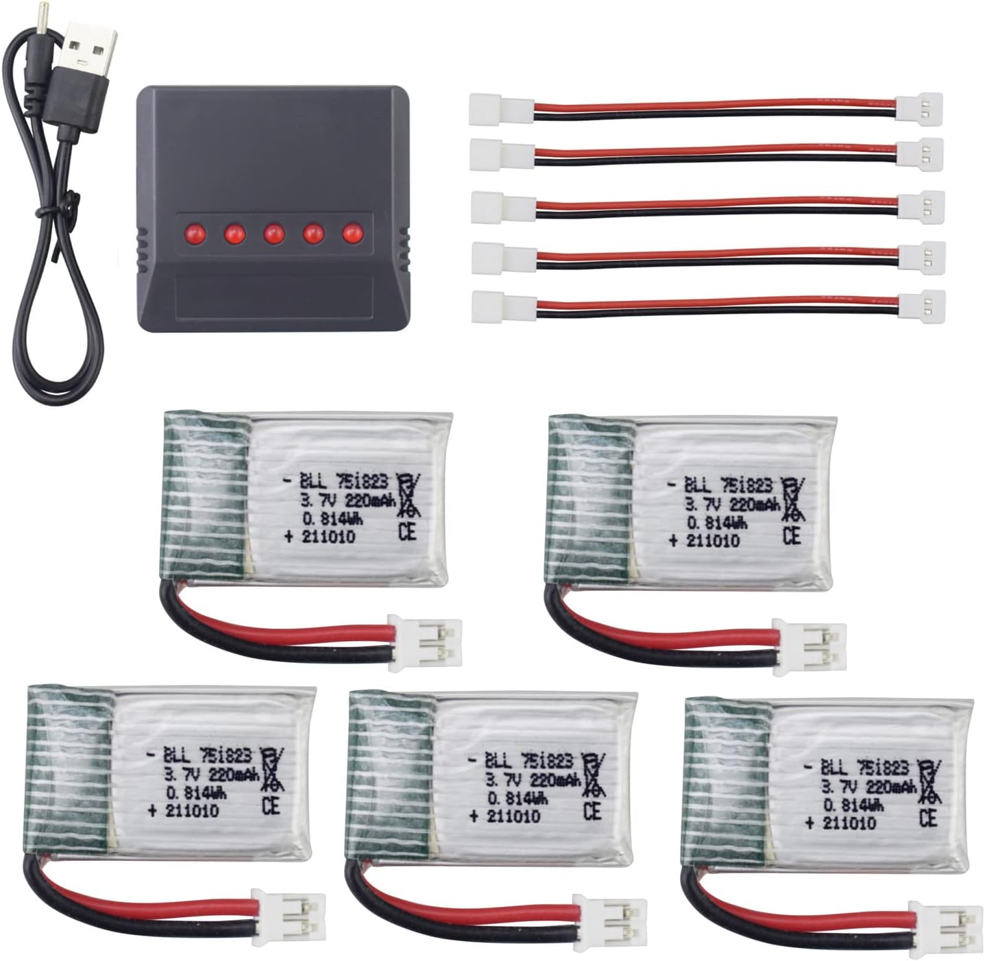 5PCS 3.7V 220mAh High-rate Battery with 5-in-1 Charger for E010 E010C E011 E011C E013 GoolRC T36 NINHUI NH010 F36 H36 HS210 SANROCK GD65A ATOYX AT-66 Aircraft RC Drone Rechargeable Battery